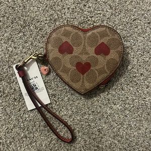 Coach Heart Zip Wristlet in Tan with Red Accents